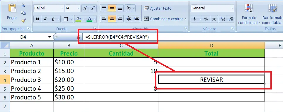 Ejemplo función SI.ERROR en Excel paso 4