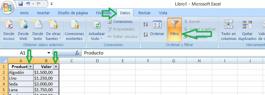 Ejemplo subtotales en Excel - Filtros