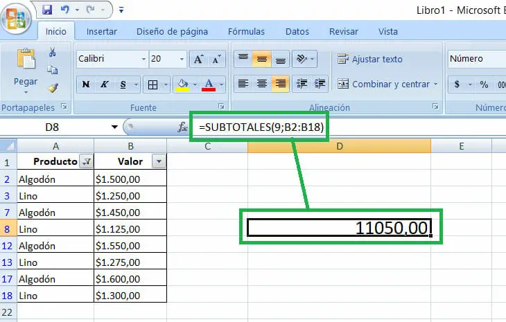 Ejemplo subtotales en Excel - Función