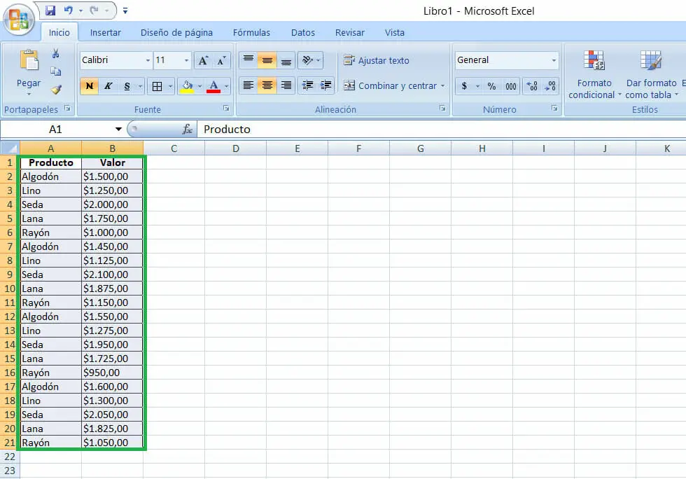 Ejemplo subtotales en Excel - Seleccionar datos