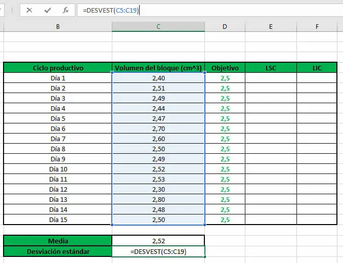 Hacer gráfico de control en Excel - Paso 2