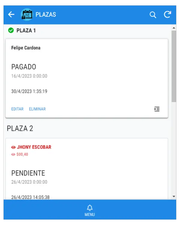 Modulo plazas | App sistema de reservas