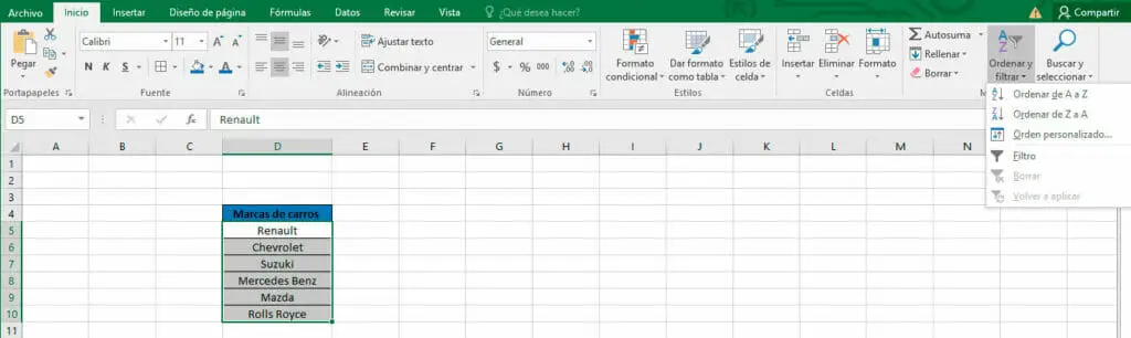 Ordenar alfabéticamente en Excel