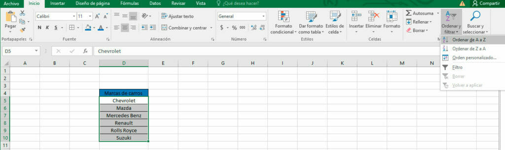 Ordenar datos alfabéticamente en Excel