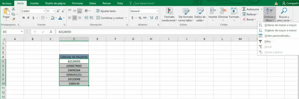 Ordenar números en Excel