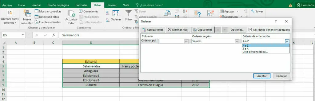 Ordenar por más de una columna o fila en Excel