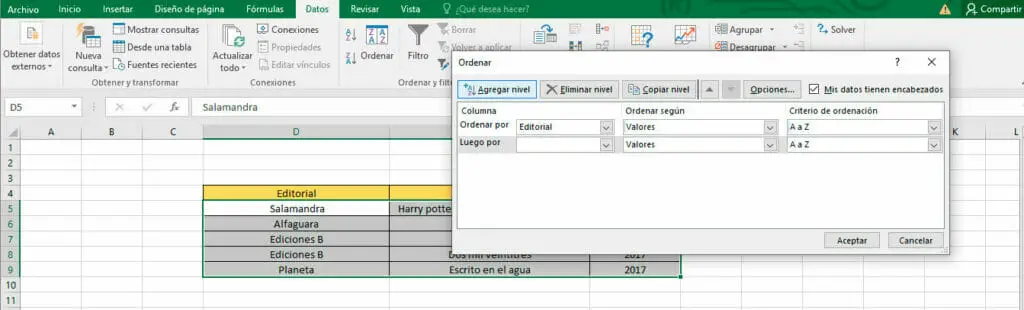 Ordenar por más de una columna o fila en Excel