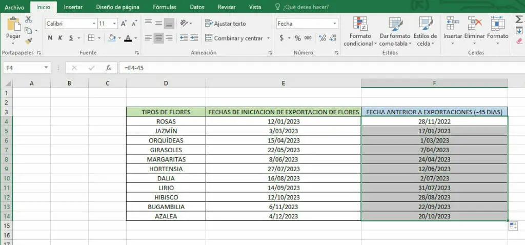 Restar días a una fecha en Excel - Paso 3