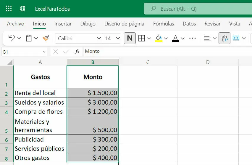 Calcular el costo total en Excel Paso 2