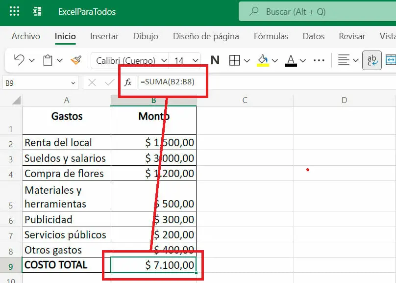 Calcular el costo total en Excel Paso 3