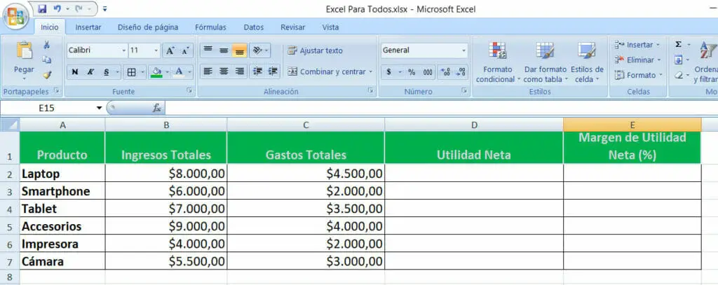 Calcular el margen de utilidad neta en Excel paso 1
