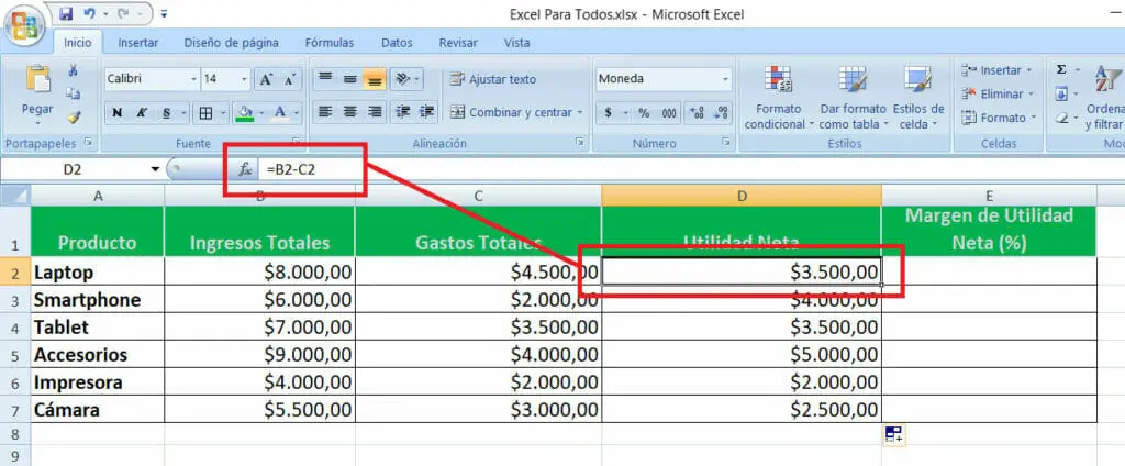 Calcular el margen de utilidad neta en Excel paso 2