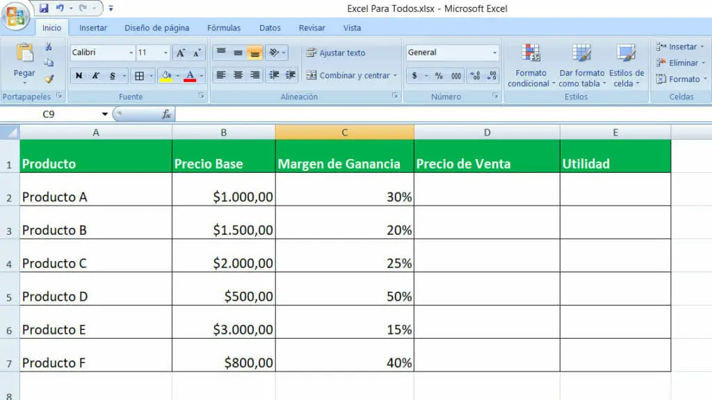 Como calcular el margen de utilidad en Excel paso 1