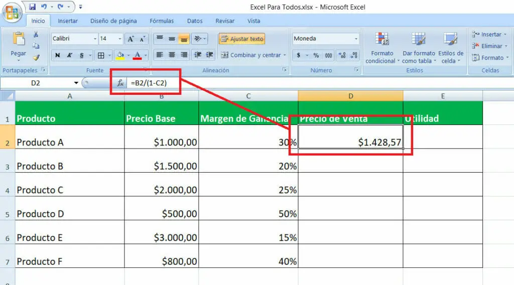 Como calcular el margen de utilidad en Excel paso 2