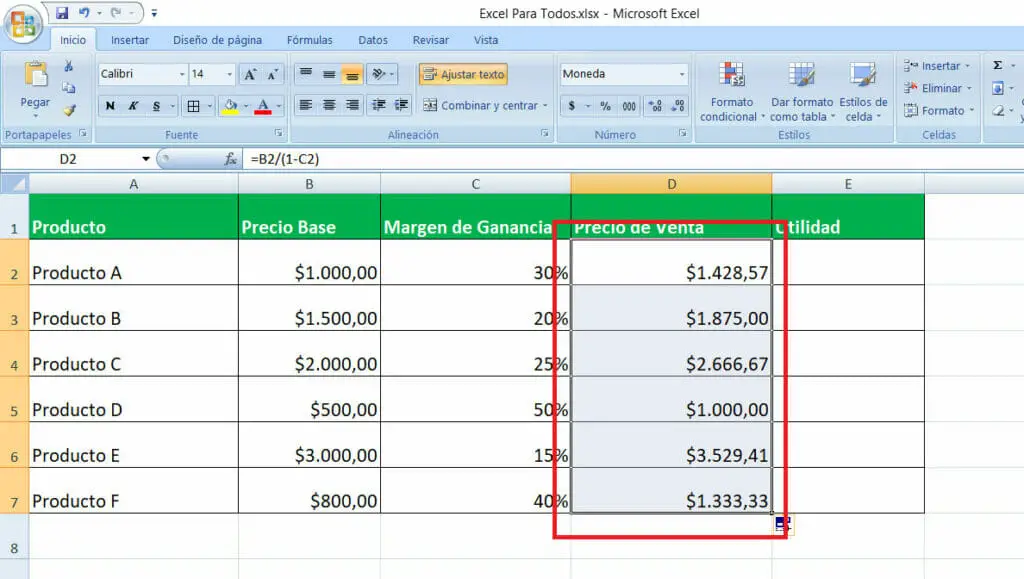 Como calcular el margen de utilidad en Excel paso 3
