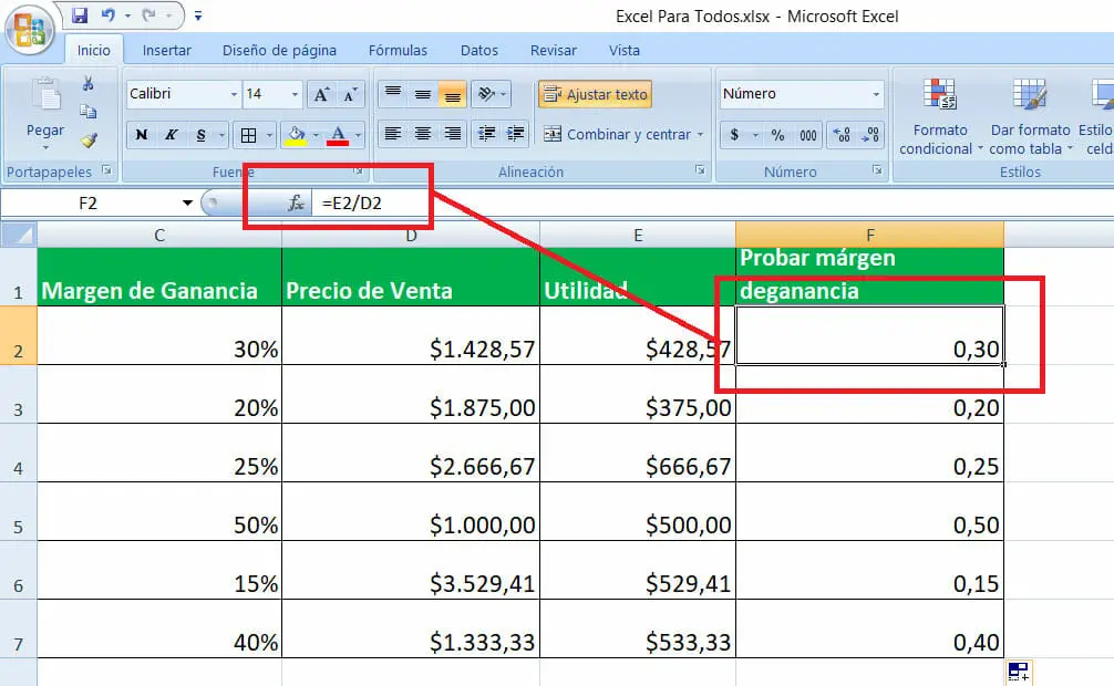 Como calcular el margen de utilidad en Excel paso 5