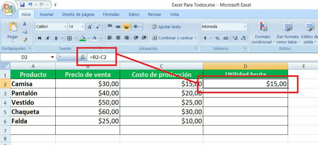 Como se calcula el margen de utilidad bruta en Excel paso 3