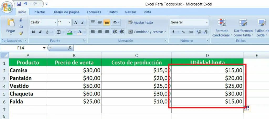 Como se calcula el margen de utilidad bruta en Excel paso 4