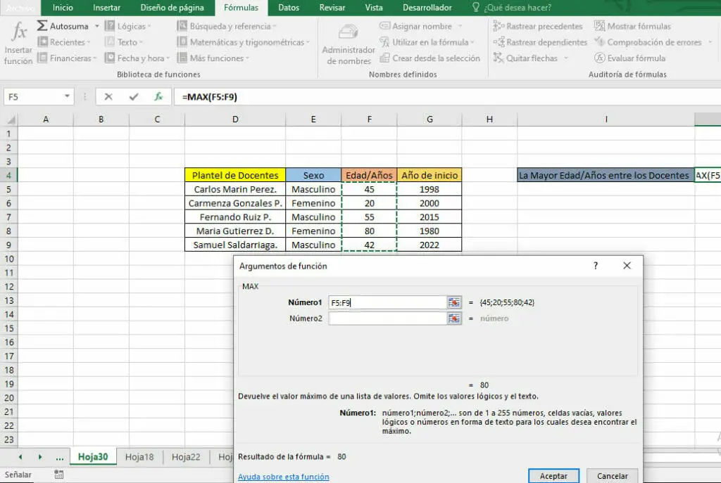 Ejemplo de función MAX con rango de celdas en Excel
