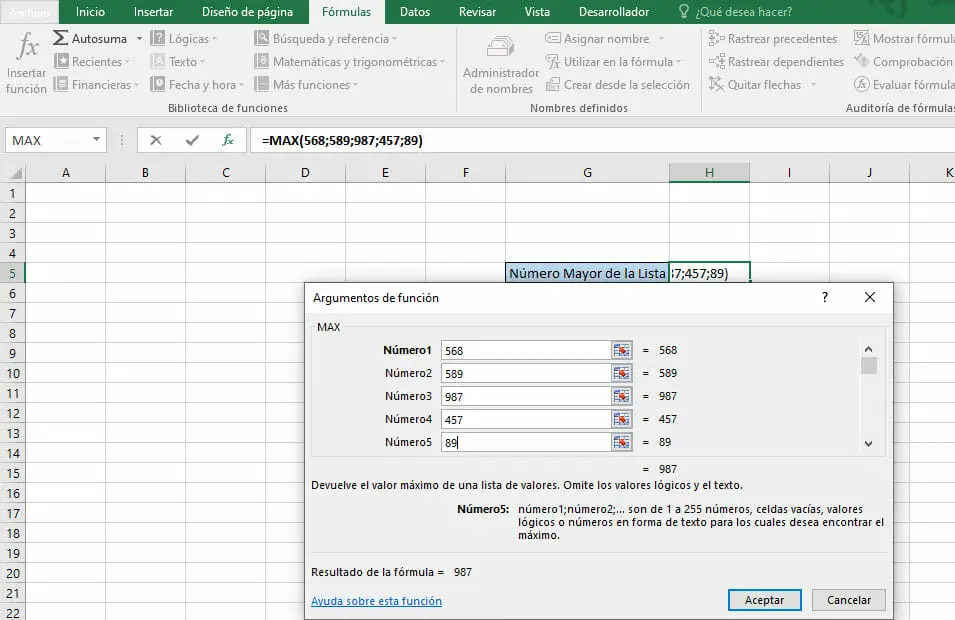 Ejemplo de función MAX en Excel