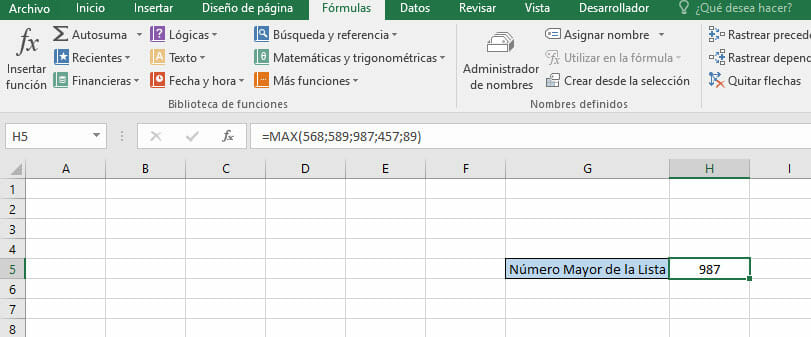 Resultado del ejemplo de función MAX en Excel