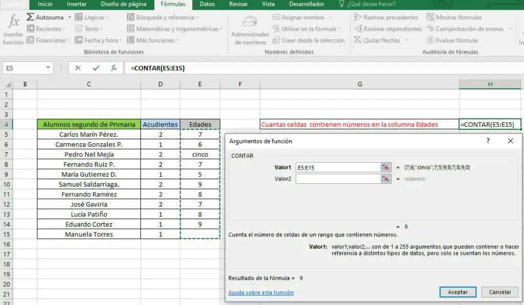 Ejemplo función CONTAR en Excel paso 2