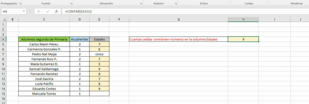 Ejemplo función CONTAR en Excel paso 3
