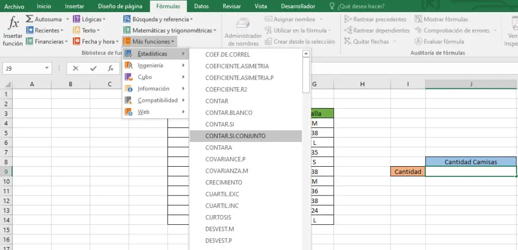 Ejemplo función CONTAR.SI.CONJUNTO en Excel