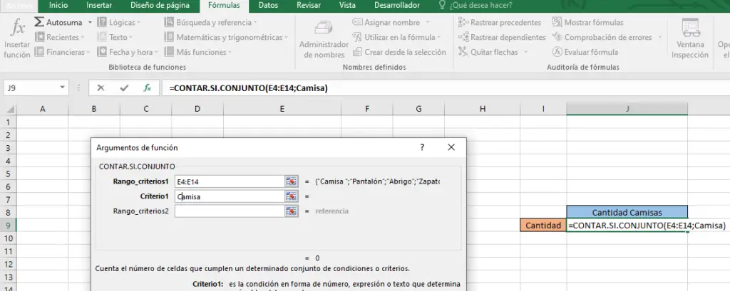 Ejemplo función CONTAR.SI.CONJUNTO en Excel paso 2