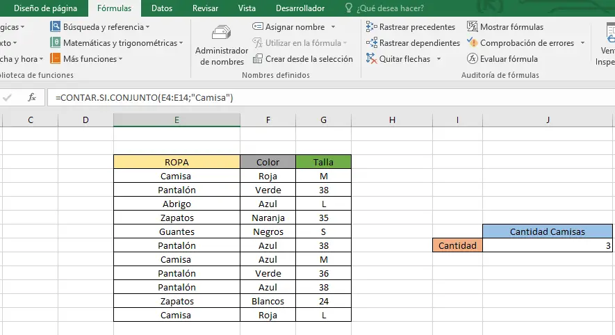 Ejemplo función CONTAR.SI.CONJUNTO en Excel