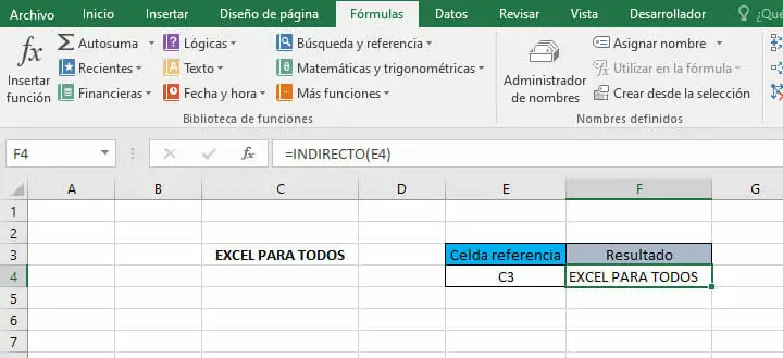 Ejemplo función INDIRECTO en Excel