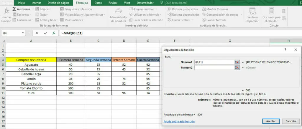 Ejemplo función MAX con matriz de datos en Excel
