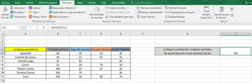 Resultado del ejemplo de la función MAX con matriz de datos en Excel