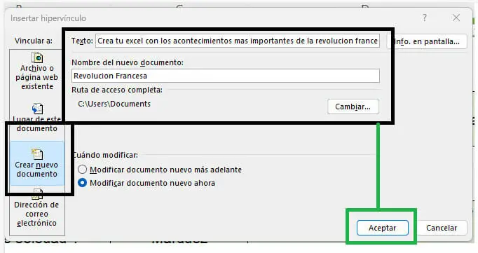 Insertar hipervínculo en Excel para crear un documento nuevo paso 2