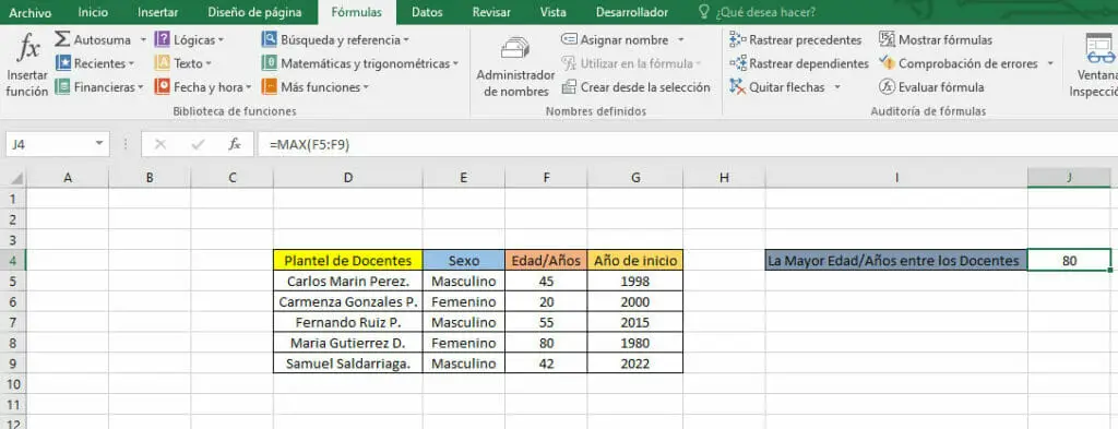 Resultado del ejemplo de función MAX con rango de celdas en Excel