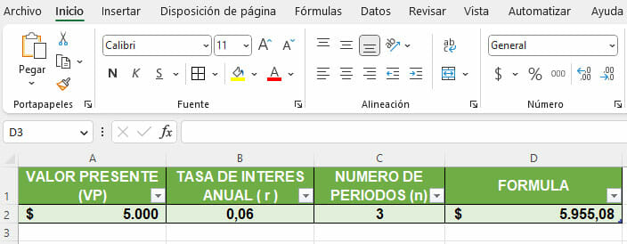 Calcular valor futuro en Excel paso 3