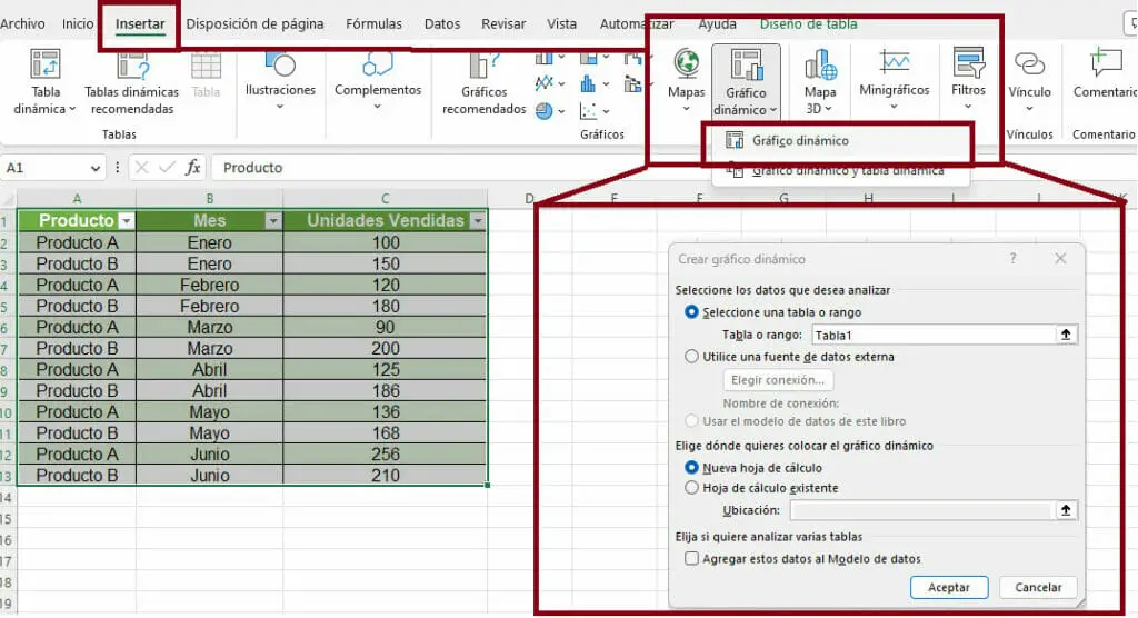 Crear gráficas dinámicas en Excel paso 2