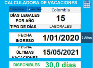 Ejemplo calcular días de vacaciones en Colombia