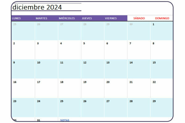 Calendario Diciembre 2024 | Descarga Gratis en Excel y PDF