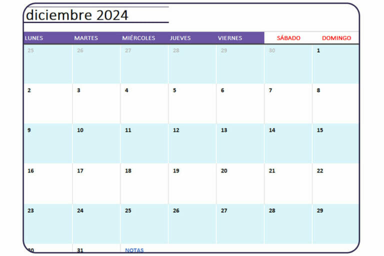 Calendario Diciembre 2024 | Descarga Gratis en Excel y PDF