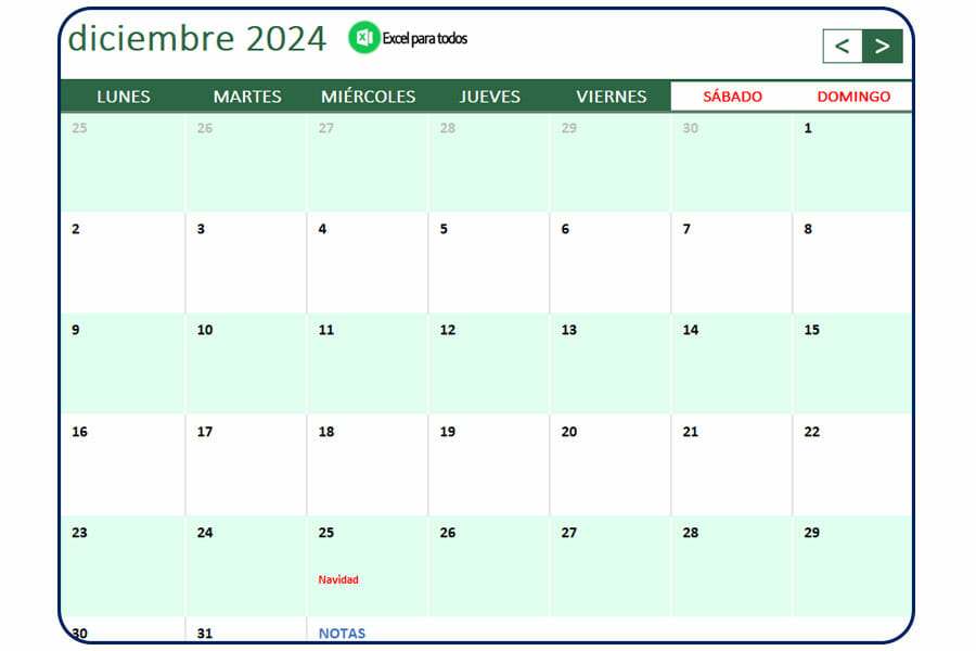 Calendario diciembre 2024 Mexico