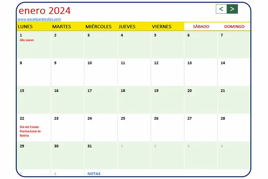 Calendario enero 2024 Bolivia