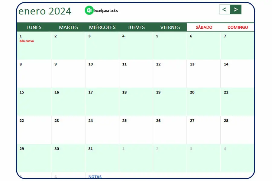 Calendario enero 2024 Mexico