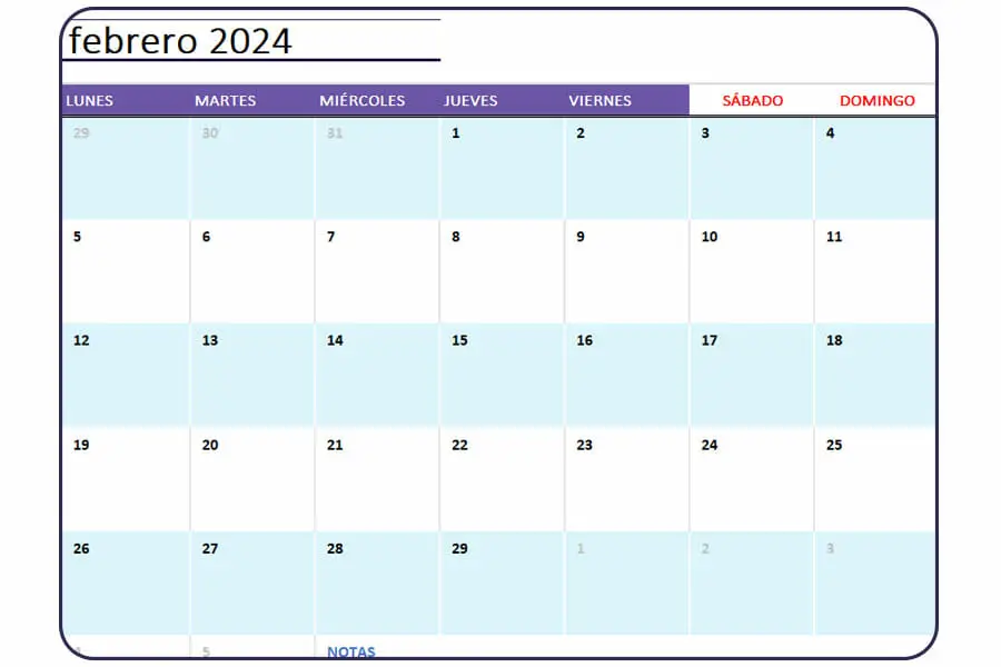 Calendario Febrero 2024