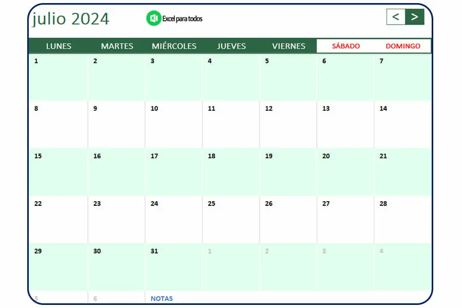 Calendario julio 2024 Mexico