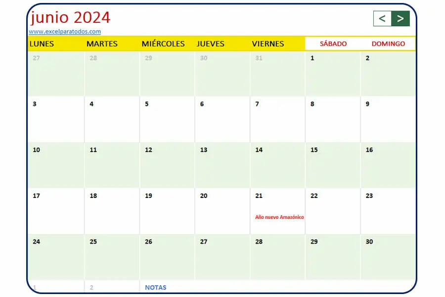 Calendario junio 2024 Bolivia