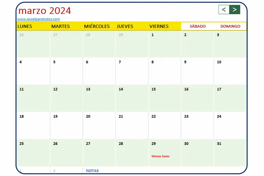 Calendario marzo 2024 Bolivia