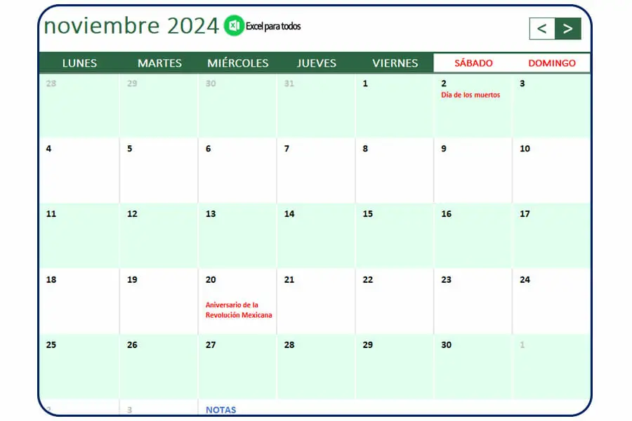 Calendario noviembre 2024 Mexico