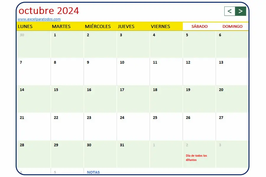 Calendario octubre 2024 Bolivia