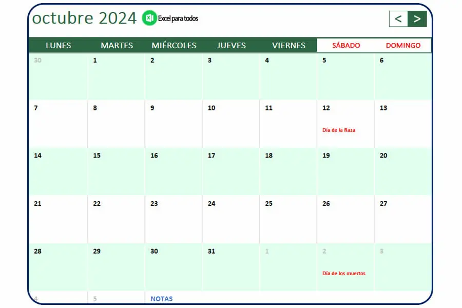 Calendario octubre 2024 Mexico
